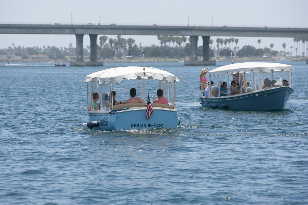 Duffy boat rental anchored in Mission Bay